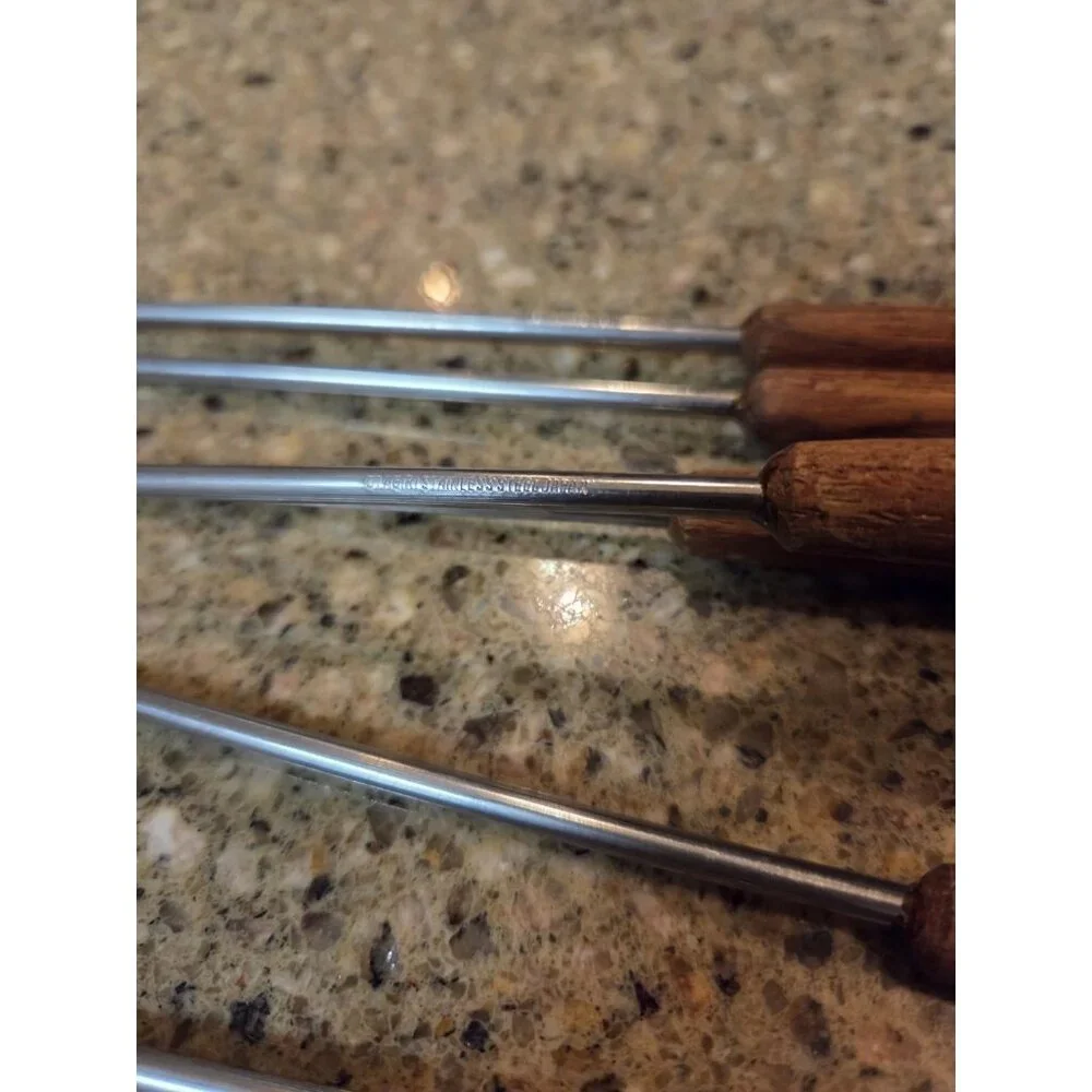 Set 6 Vintage MCM Otagiri Fondue Forks Stainless Wood‎ Handles Japan